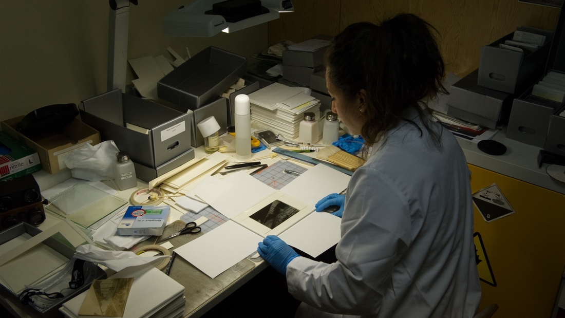 Restauration d’une photo sur plaque de verre par une technicienne de la section technique « photo » du département de conservation et de sauvegarde, avant sa numérisation. ©Maxime Duhamel/ECPAD/Défense ecpad-archives-guerre-restauration