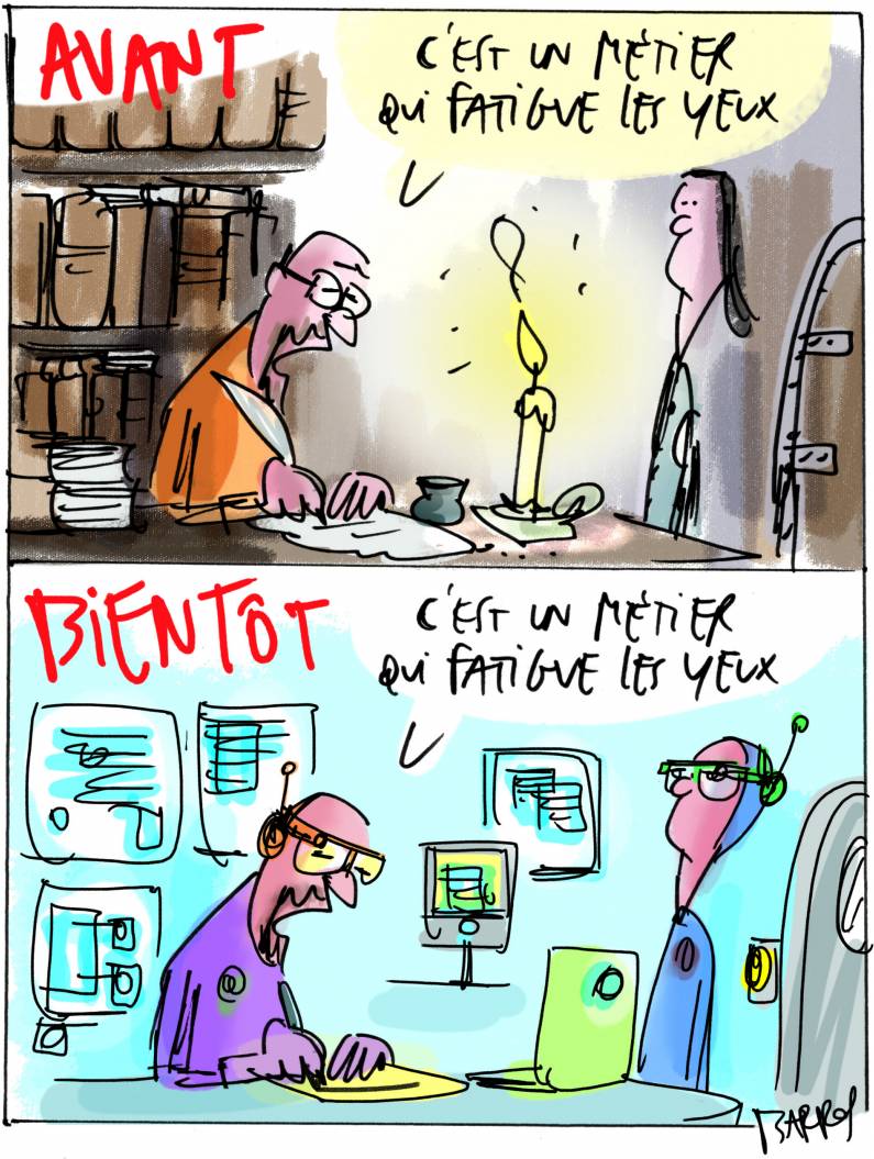 Le futur des métiers de la documentation, vu par le dessinateur Yves Barros. (Barros/Archimag)