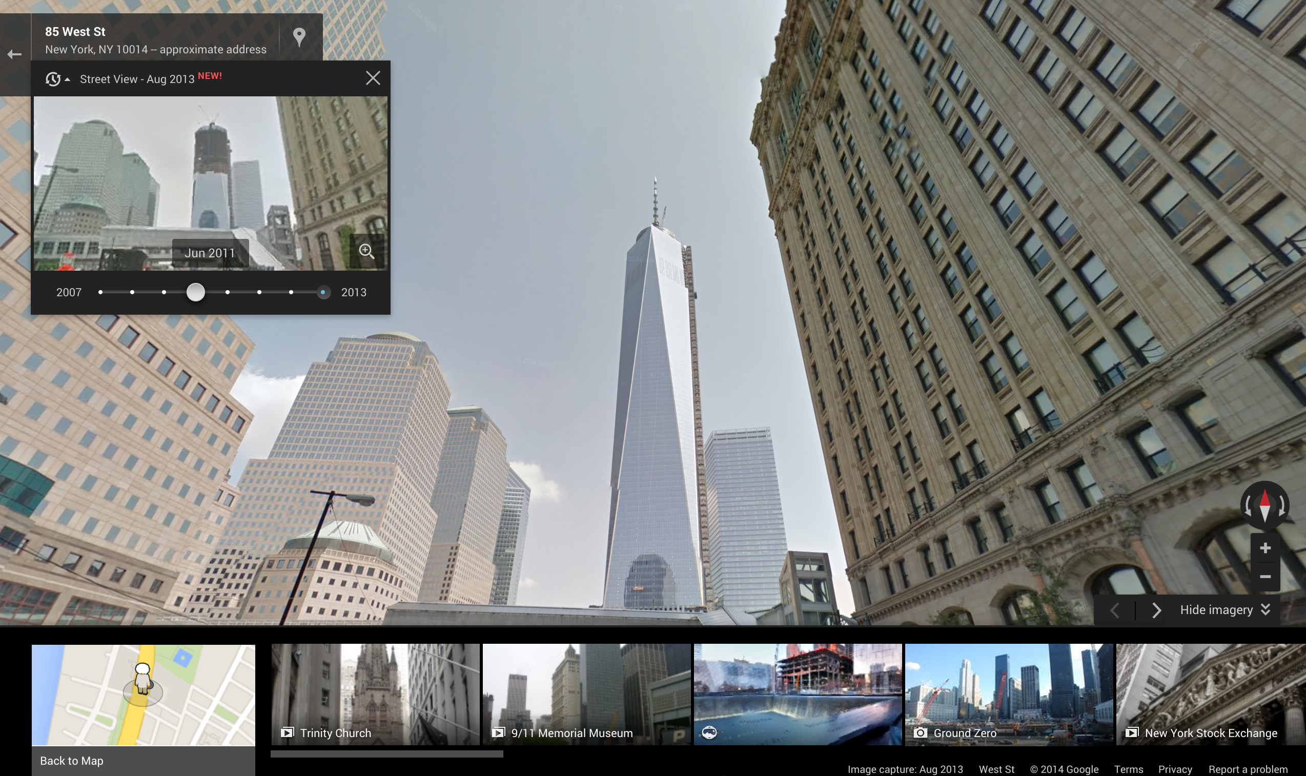 Evolution de la construction de la Freedom Tower à New York. (Google Street View)