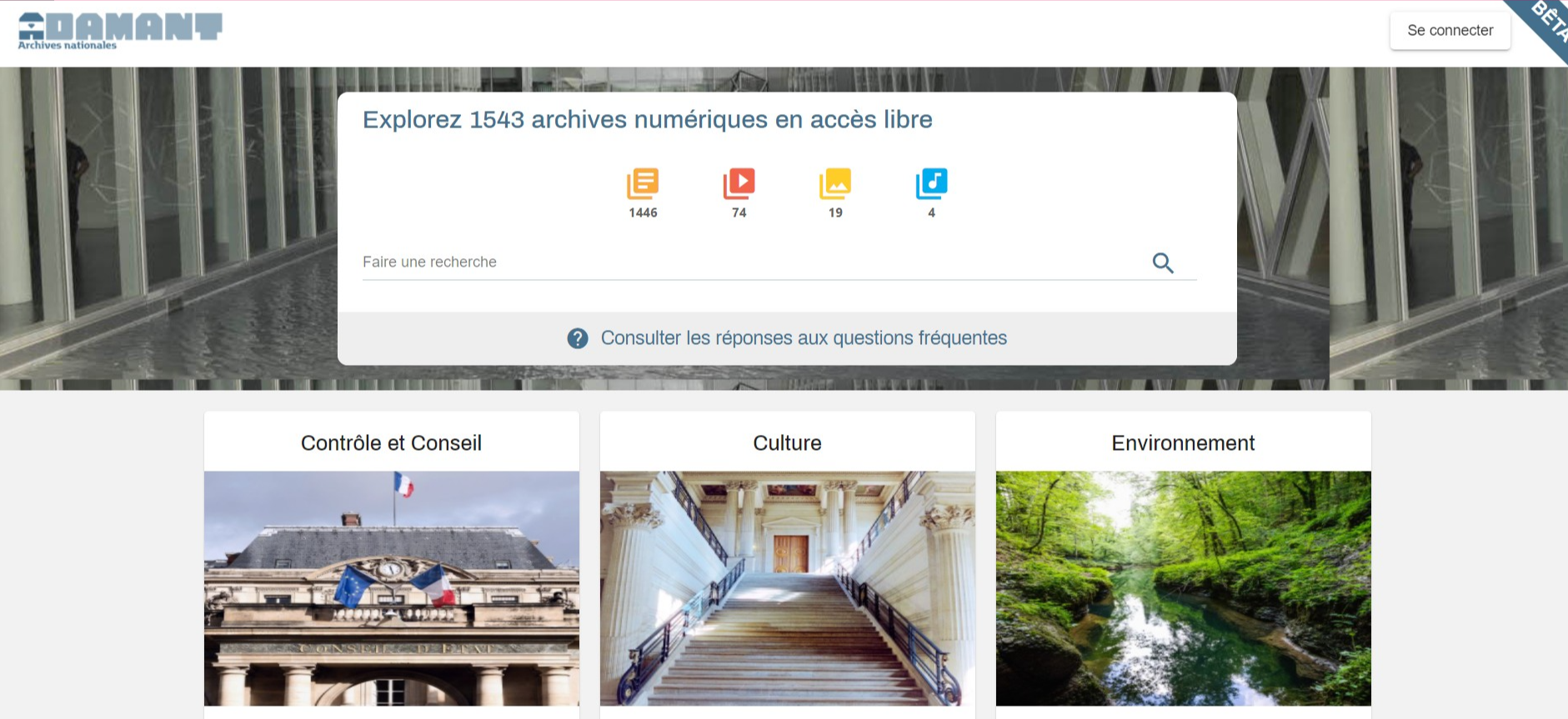 Page d'accueil de la plateforme Adamant (Archives nationales) Internautes, testez le prototype d'Adamant et accédez aux archives librement diffusables
