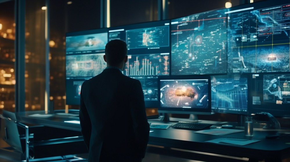 Les enjeux de protection des données sont d’autant plus importants que le Big Data a tendance à regrouper une multitude d’informations qui peuvent permettre des recoupements révélant des informations qui se voulaient confidentielles. Un homme devant un mur d'écran