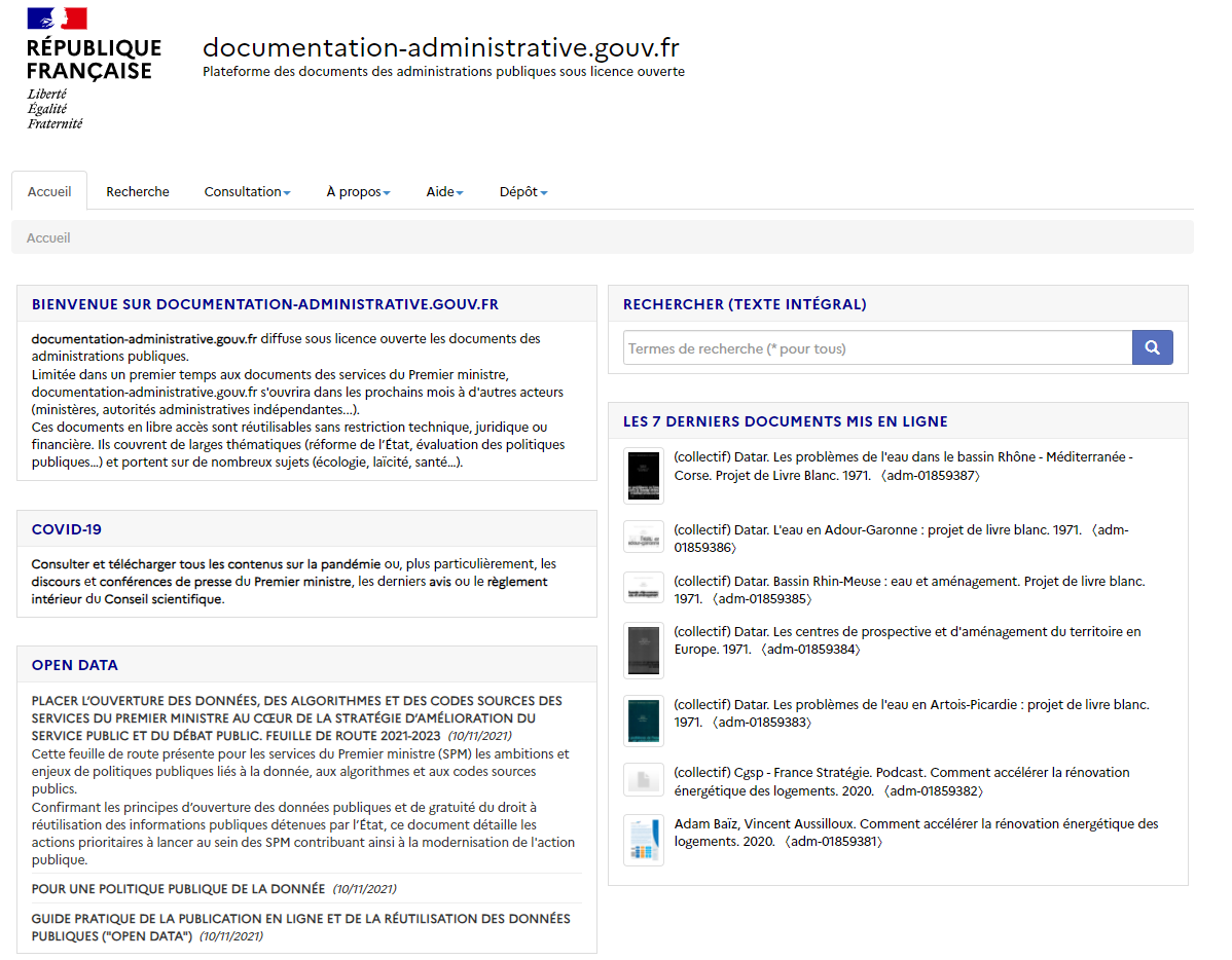 page d'accueil de la plateforme (documentation-administrative.gouv.fr) La documentation administrative française accessible en open data
