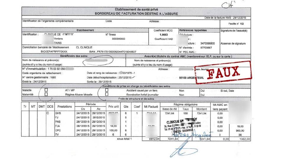 Exemple de faux document : le format de cette facture n'est pas réglementaire et les codes de prestations et Finess (Fichier national des établissements sanitaires et sociaux) sont faux. (Itesoft)