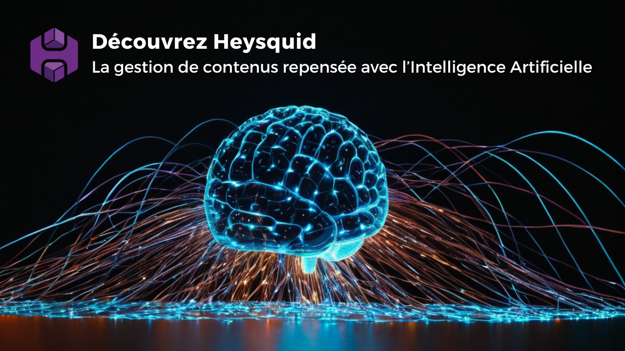 Représentation visuelle d'un cerveau numérique symbolisant l'intelligence artificielle avec des flux de données lumineux. Utilisé pour illustrer les capacités IA de Heysquid en gestion documentaire.