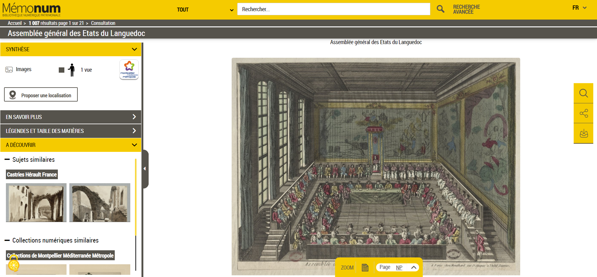 Interface de présentation de l'Assemblée générale des Etats du Languedoc en 1760 (Montpellier 3M) Memonum-nouvelle-bibliotheque-numerique-patrimoniale-Montpellier-3M