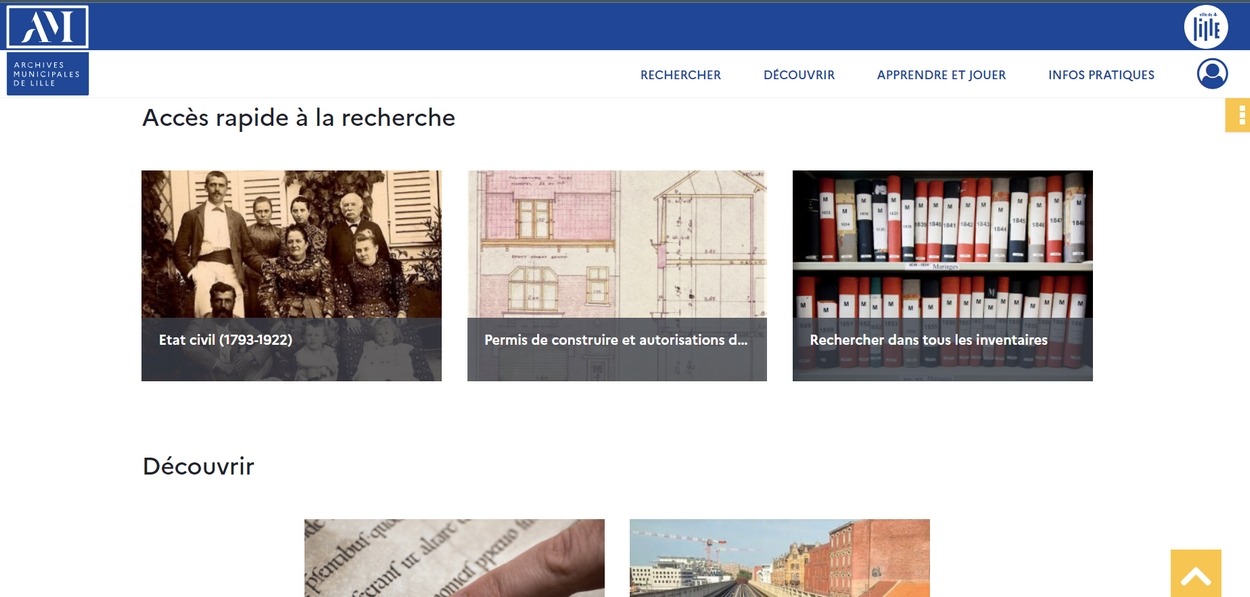 La rubrique "Rechercher" donne accès à la salle de lecture virtuelle des Archives municipales de Lille. (Archives municipales de Lille) nouveau-site-internet-archives-municipales-lille