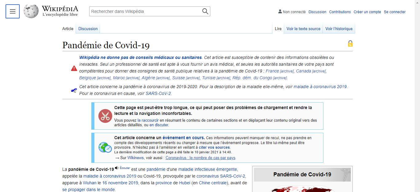 Page consacrée à la pandémie de Covid-19 (Wikipédia)